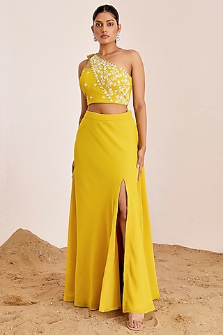Yellow Georgette Mirror Embroidered Skirt Set by Suruchi Parakh