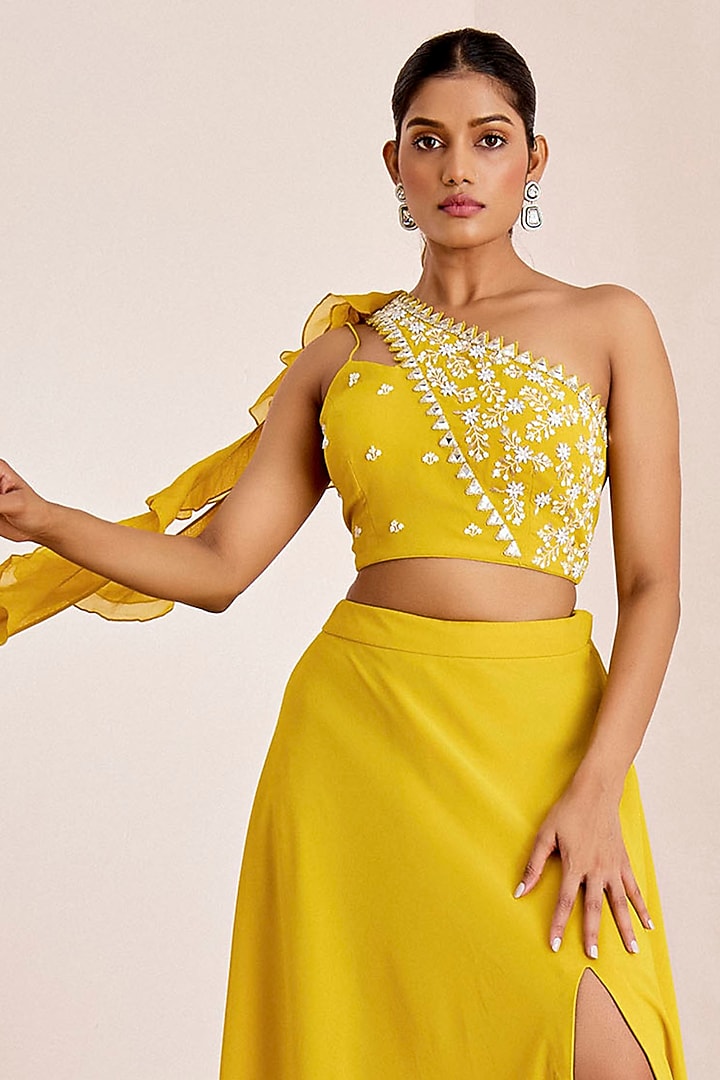 Yellow Georgette Mirror Embroidered Skirt Set by Suruchi Parakh at Pernia's Pop Up Shop