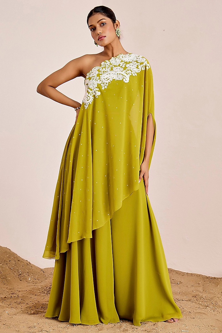 Parrot Green Georgette Cutwork Flared Pant Set by Suruchi Parakh at Pernia's Pop Up Shop