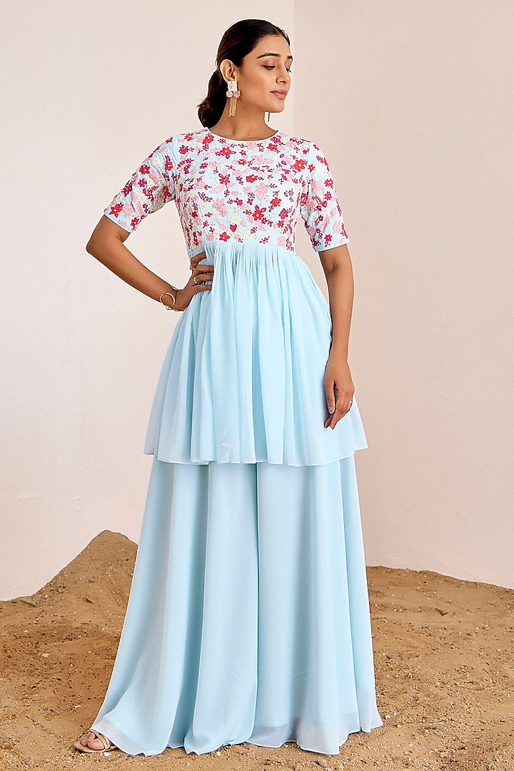 Powder Blue Georgette Machine Embroidered Peplum Kurta Set by Suruchi Parakh at Pernia's Pop Up Shop