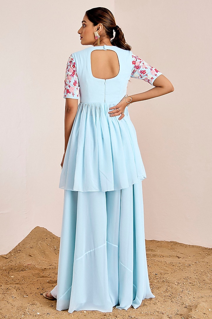Powder Blue Georgette Machine Embroidered Peplum Kurta Set by Suruchi Parakh at Pernia's Pop Up Shop