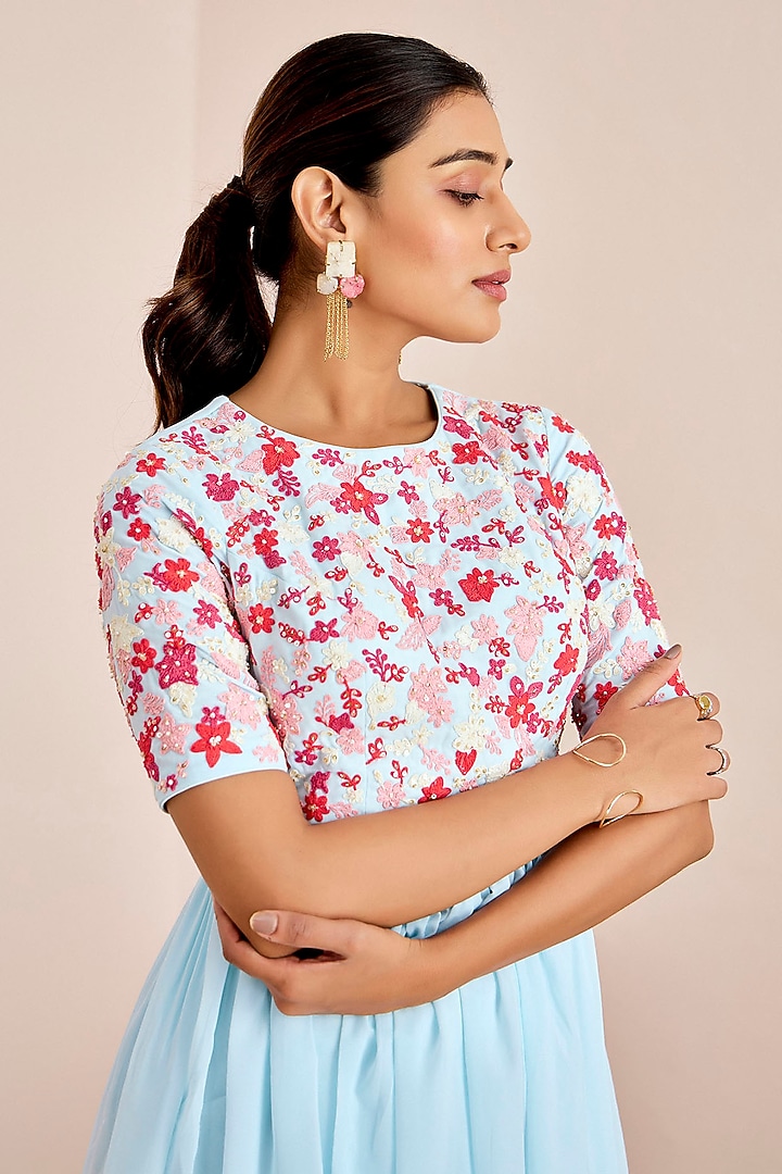 Powder Blue Georgette Machine Embroidered Peplum Kurta Set by Suruchi Parakh at Pernia's Pop Up Shop