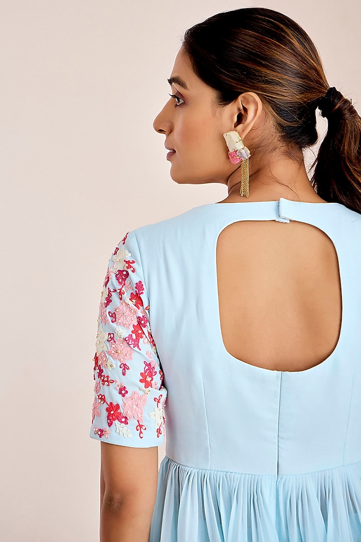 Powder Blue Georgette Machine Embroidered Peplum Kurta Set by Suruchi Parakh at Pernia's Pop Up Shop