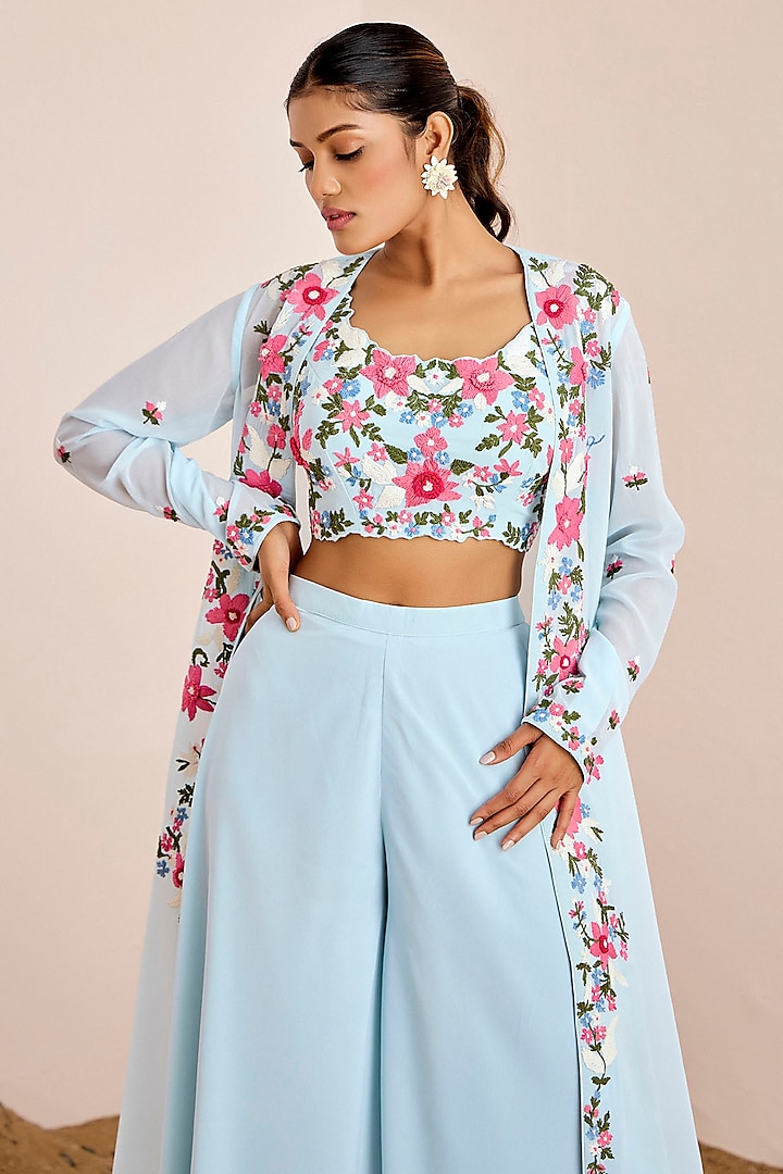 Powder Blue Georgette Hand Embroidered Jacket Set by Suruchi Parakh at Pernia's Pop Up Shop
