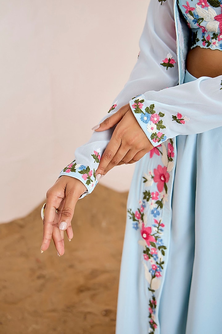 Powder Blue Georgette Hand Embroidered Jacket Set by Suruchi Parakh at Pernia's Pop Up Shop
