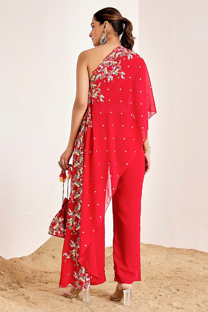 Red Georgette Machine Embroidered Pant Set by Suruchi Parakh at Pernia's Pop Up Shop