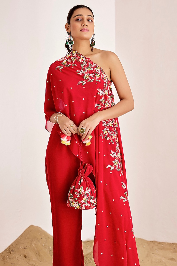 Red Georgette Machine Embroidered Pant Set by Suruchi Parakh at Pernia's Pop Up Shop