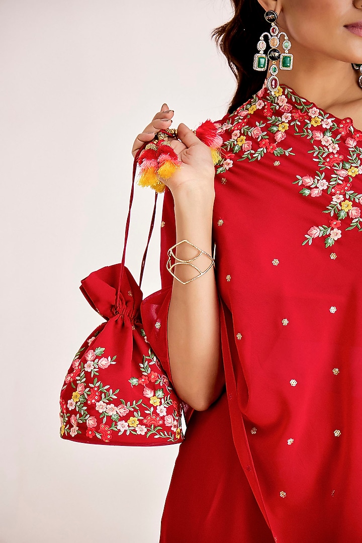 Red Georgette Machine Embroidered Pant Set by Suruchi Parakh at Pernia's Pop Up Shop