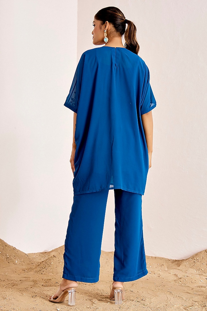 Teal Blue Georgette Hand Embroidered Kaftan Set by Suruchi Parakh at Pernia's Pop Up Shop