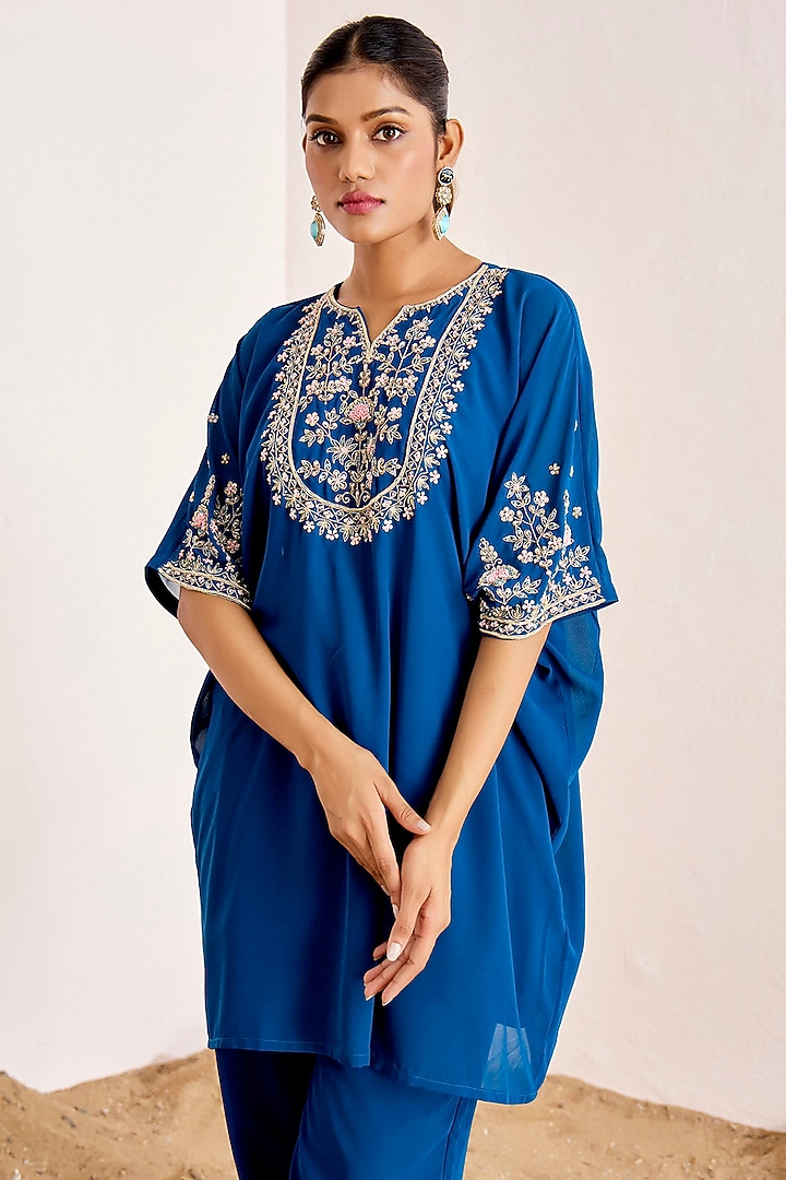 Teal Blue Georgette Hand Embroidered Kaftan Set by Suruchi Parakh at Pernia's Pop Up Shop