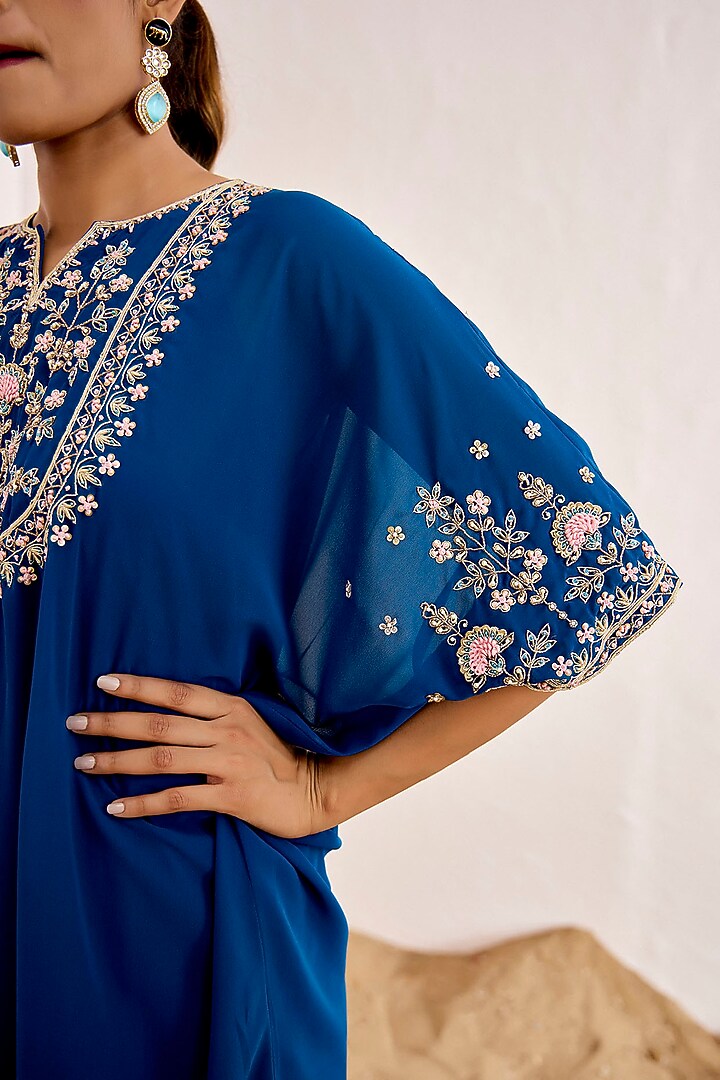 Teal Blue Georgette Hand Embroidered Kaftan Set by Suruchi Parakh at Pernia's Pop Up Shop