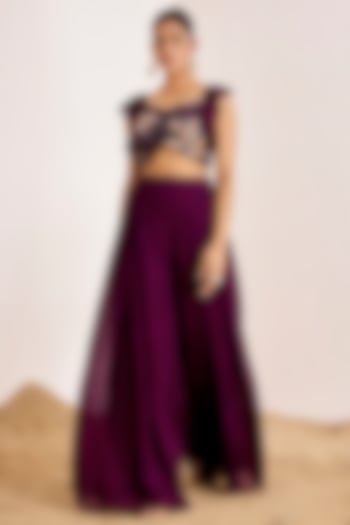 Wine Georgette Embellished Flared Pant Set by Suruchi Parakh at Pernia's Pop Up Shop