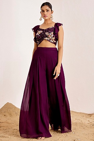 Wine Georgette Embellished Flared Pant Set by Suruchi Parakh