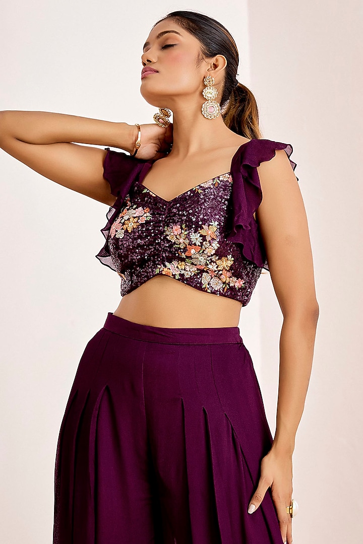 Wine Georgette Embellished Flared Pant Set by Suruchi Parakh at Pernia's Pop Up Shop
