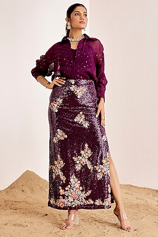 Wine Organza & Georgette Sequins Embellished Skirt Set by Suruchi Parakh