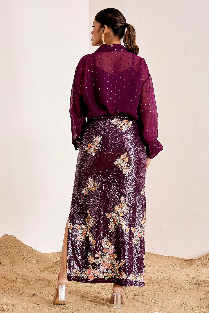 Wine Organza & Georgette Sequins Embellished Skirt Set by Suruchi Parakh at Pernia's Pop Up Shop