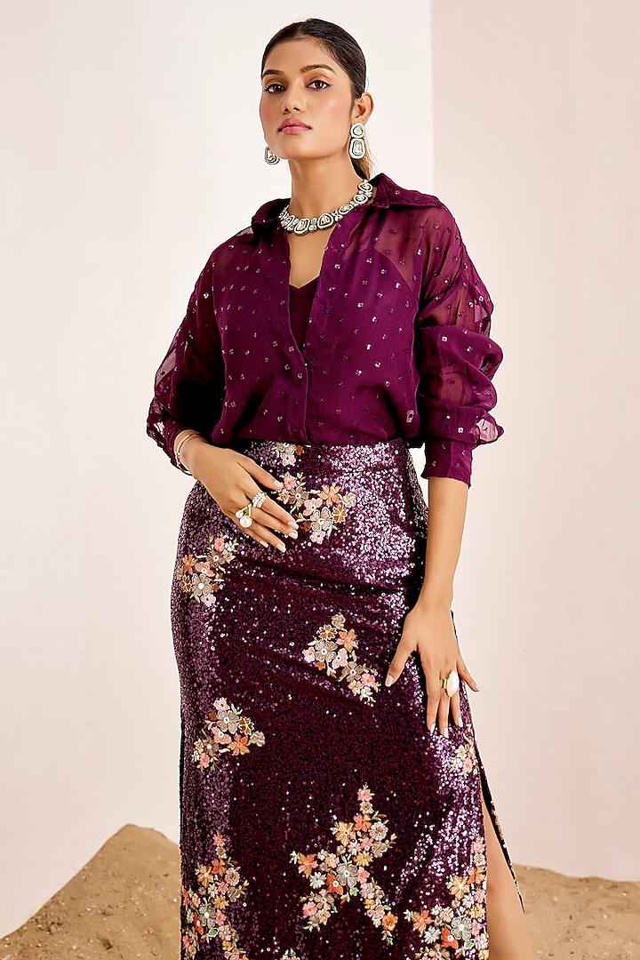 Wine Organza & Georgette Sequins Embellished Skirt Set by Suruchi Parakh at Pernia's Pop Up Shop