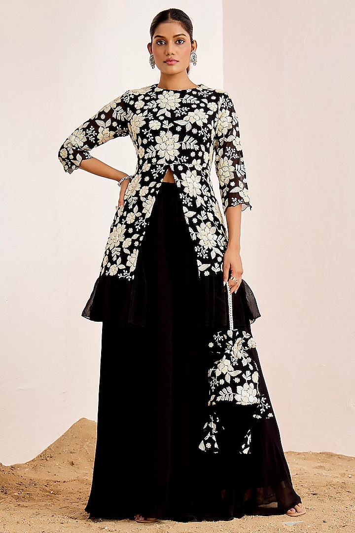 Black Georgette & Organza Sequins Embroidered Flared Pant Set by Suruchi Parakh at Pernia's Pop Up Shop