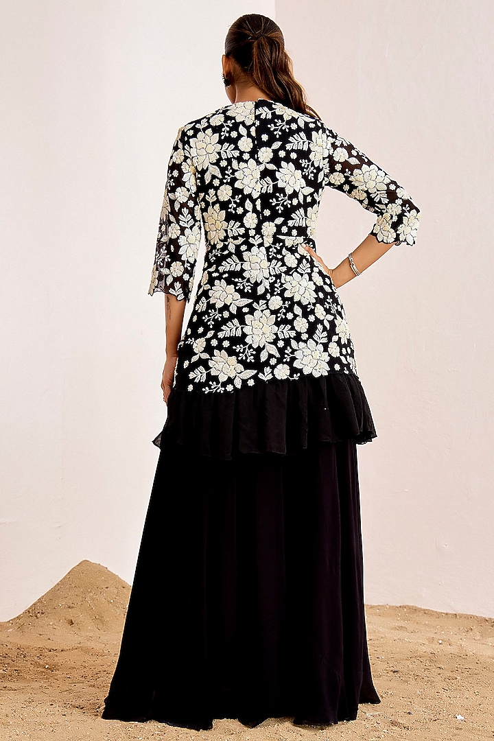Black Georgette & Organza Sequins Embroidered Flared Pant Set by Suruchi Parakh at Pernia's Pop Up Shop