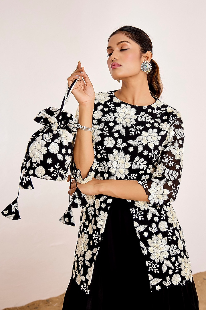 Black Georgette & Organza Sequins Embroidered Flared Pant Set by Suruchi Parakh at Pernia's Pop Up Shop