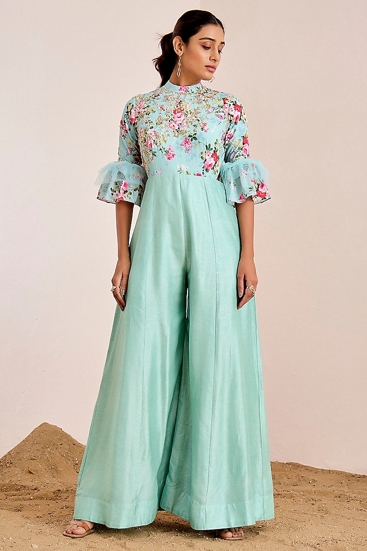 Sea Blue Silk & Net Mirror Hand Embroidered Jumpsuit by Suruchi Parakh at Pernia's Pop Up Shop