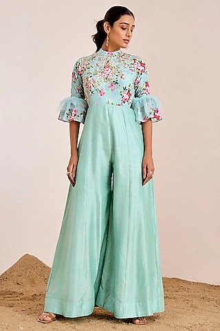 Sea Blue Silk & Net Mirror Hand Embroidered Jumpsuit by Suruchi Parakh