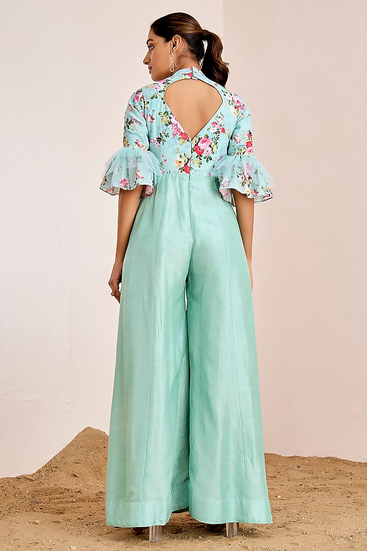 Sea Blue Silk & Net Mirror Hand Embroidered Jumpsuit by Suruchi Parakh at Pernia's Pop Up Shop