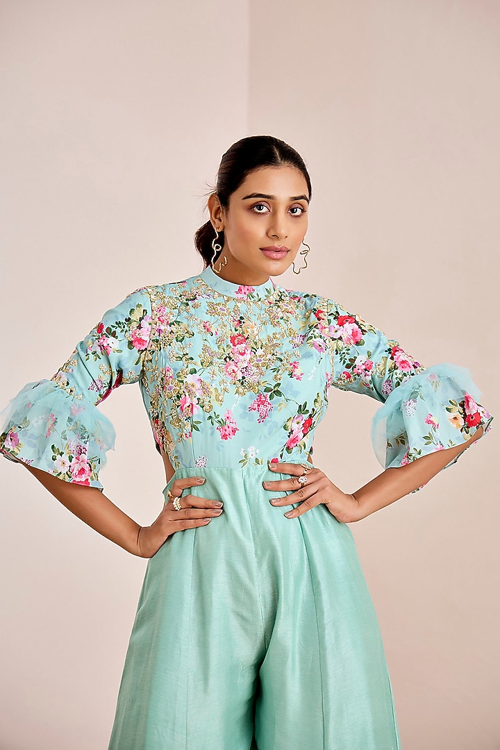 Sea Blue Silk & Net Mirror Hand Embroidered Jumpsuit by Suruchi Parakh at Pernia's Pop Up Shop