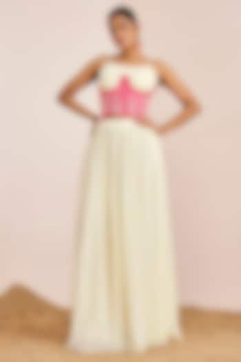 Off-White & Hot Pink Georgette Hand Embroidered Flared Pant Set by Suruchi Parakh at Pernia's Pop Up Shop