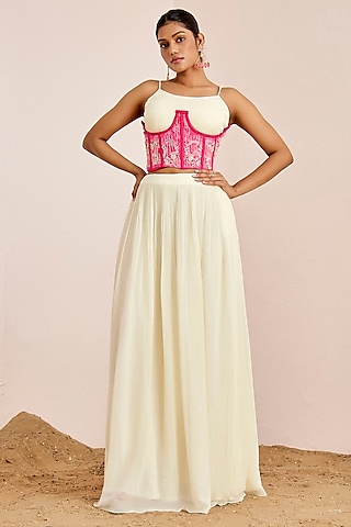 Off-White & Hot Pink Georgette Hand Embroidered Flared Pant Set by Suruchi Parakh