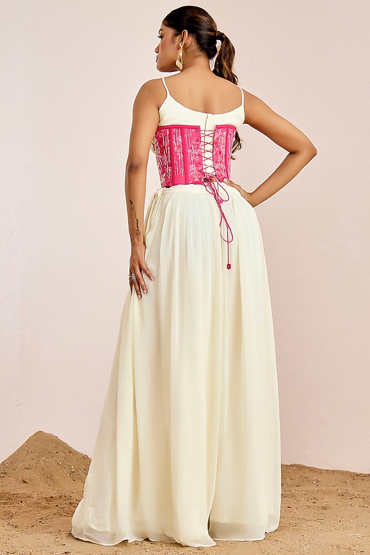Off-White & Hot Pink Georgette Hand Embroidered Flared Pant Set by Suruchi Parakh at Pernia's Pop Up Shop