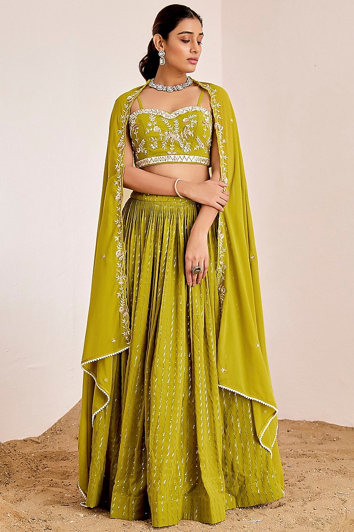 Parrot Green Georgette Sequins Embroidered Wedding Lehenga Set by Suruchi Parakh at Pernia's Pop Up Shop