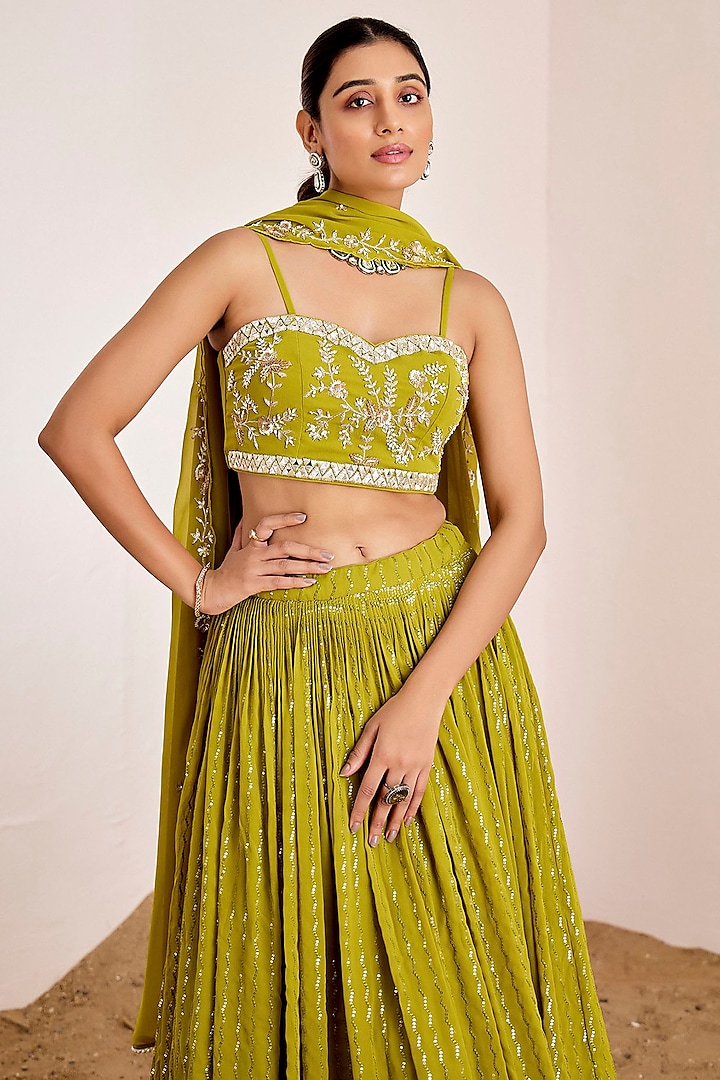 Parrot Green Georgette Sequins Embroidered Wedding Lehenga Set by Suruchi Parakh at Pernia's Pop Up Shop
