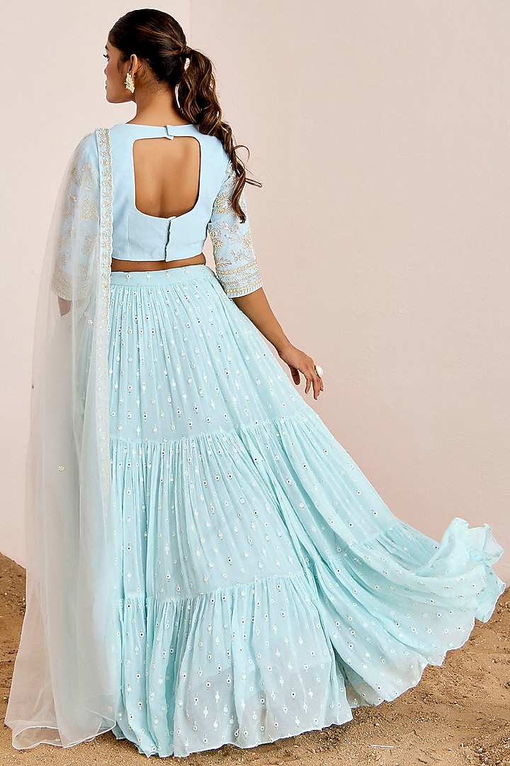 Powder Blue Georgette & Net Machine Embroidered Tiered Wedding Lehenga Set by Suruchi Parakh at Pernia's Pop Up Shop
