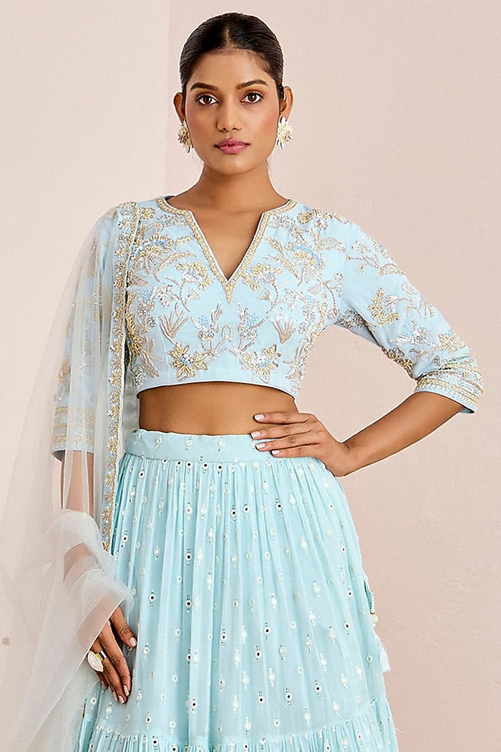 Powder Blue Georgette & Net Machine Embroidered Tiered Wedding Lehenga Set by Suruchi Parakh at Pernia's Pop Up Shop