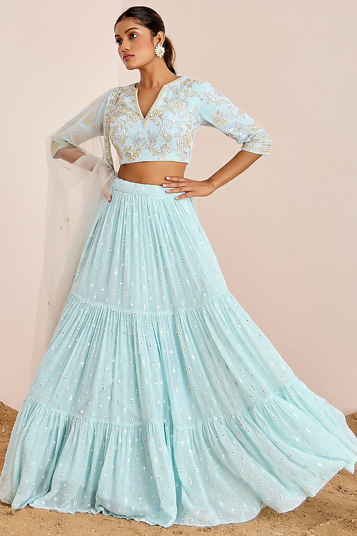 Powder Blue Georgette & Net Machine Embroidered Tiered Wedding Lehenga Set by Suruchi Parakh at Pernia's Pop Up Shop