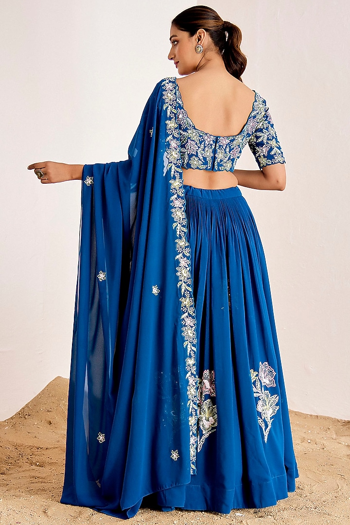 Teal Blue Georgette Pearl & Sequins Machine Embroidered Pleated Wedding Lehenga Set by Suruchi Parakh at Pernia's Pop Up Shop
