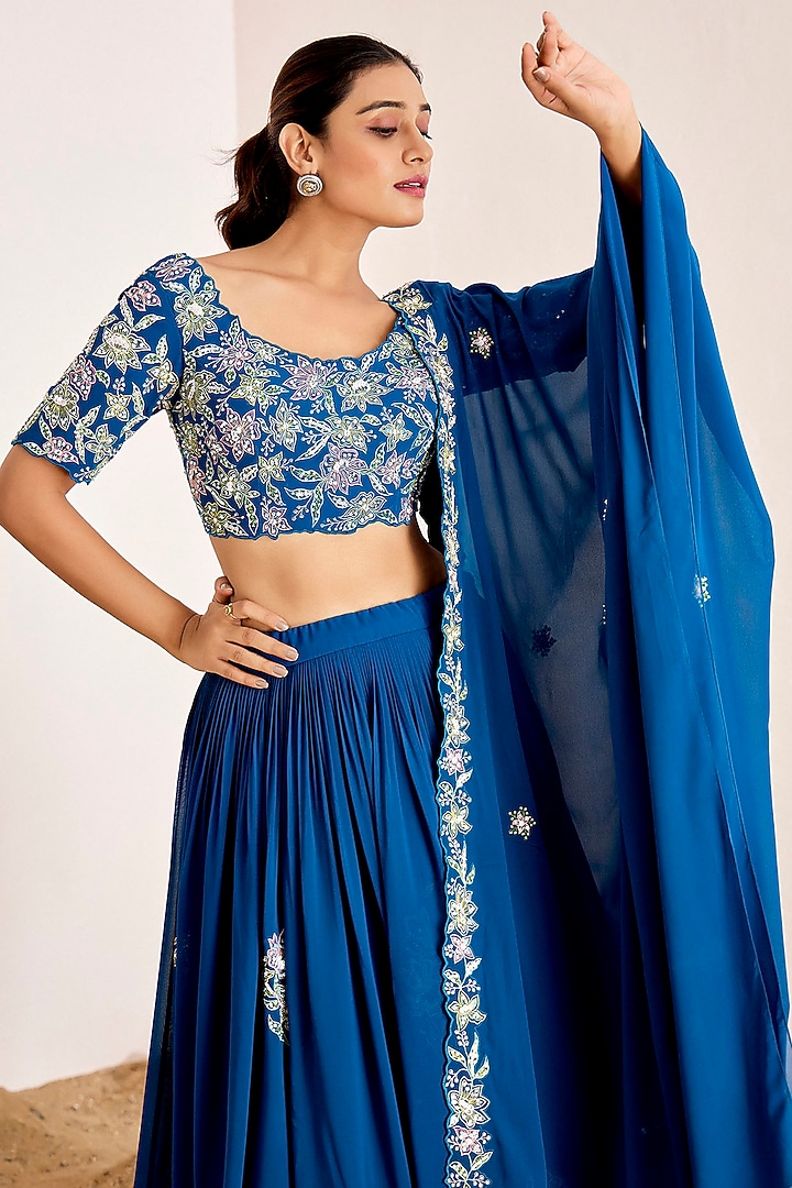 Teal Blue Georgette Pearl & Sequins Machine Embroidered Pleated Wedding Lehenga Set by Suruchi Parakh at Pernia's Pop Up Shop