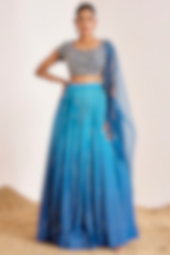 Teal Blue Ombre Georgette Sequins Machine Embroidered Wedding Lehenga Set by Suruchi Parakh at Pernia's Pop Up Shop