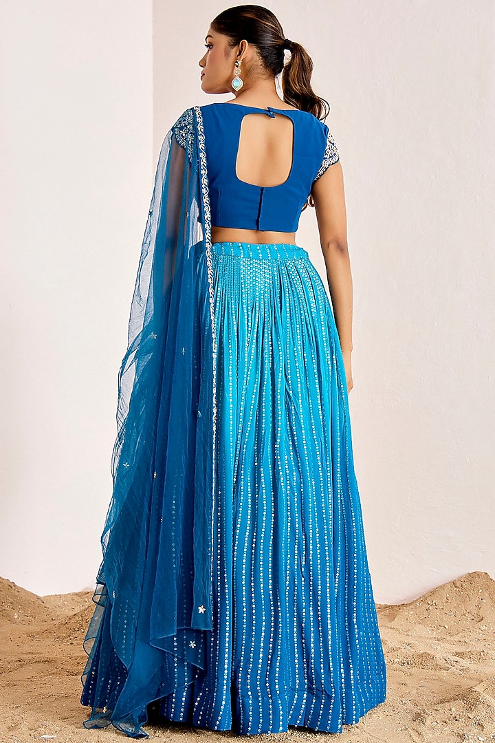 Teal Blue Ombre Georgette Sequins Machine Embroidered Wedding Lehenga Set by Suruchi Parakh at Pernia's Pop Up Shop