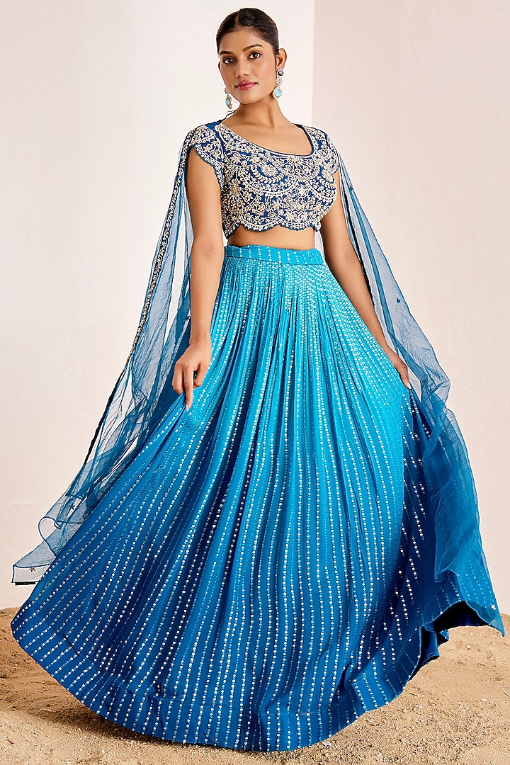 Teal Blue Ombre Georgette Sequins Machine Embroidered Wedding Lehenga Set by Suruchi Parakh at Pernia's Pop Up Shop