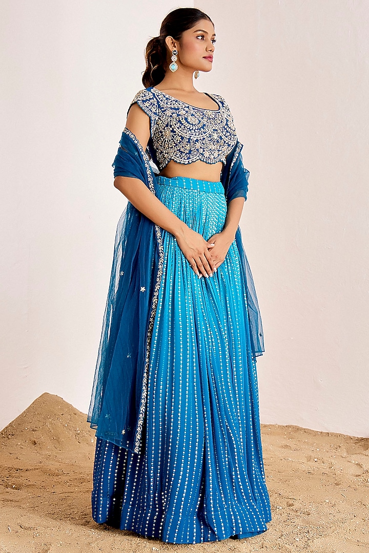 Teal Blue Ombre Georgette Sequins Machine Embroidered Wedding Lehenga Set by Suruchi Parakh at Pernia's Pop Up Shop