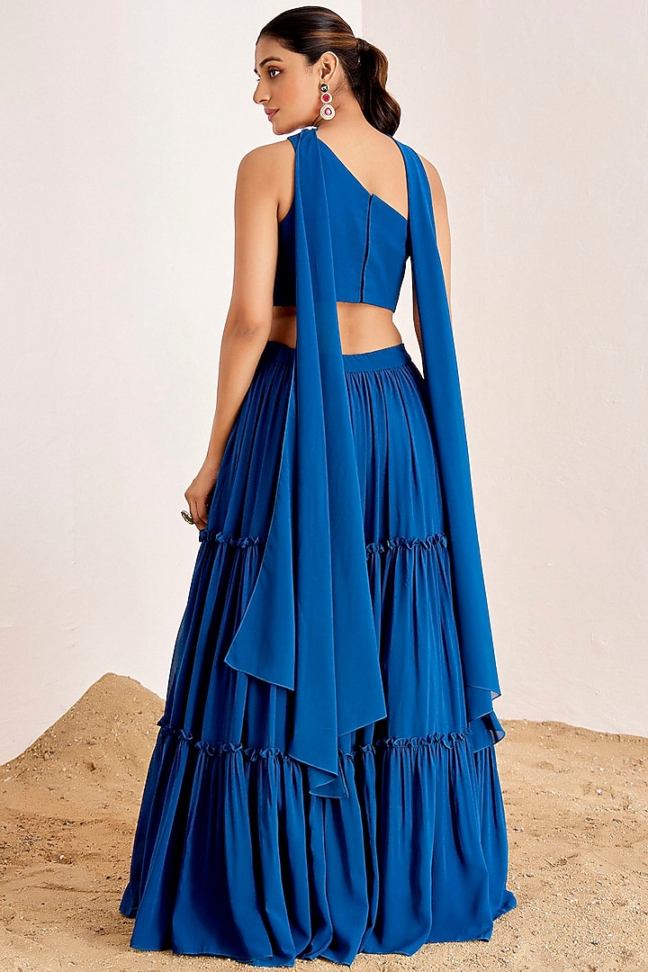 Teal Blue Georgette Tiered Wedding Lehenga Set by Suruchi Parakh at Pernia's Pop Up Shop
