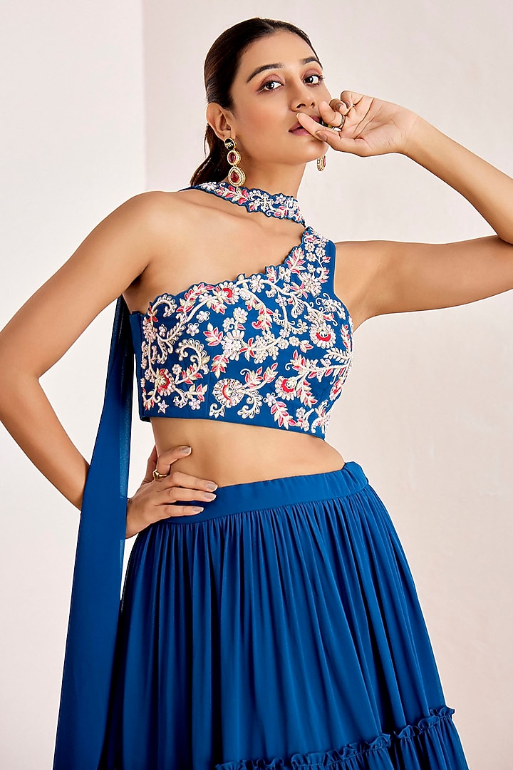 Teal Blue Georgette Tiered Wedding Lehenga Set by Suruchi Parakh at Pernia's Pop Up Shop