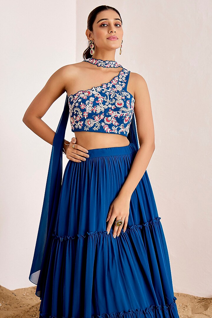 Teal Blue Georgette Tiered Wedding Lehenga Set by Suruchi Parakh at Pernia's Pop Up Shop