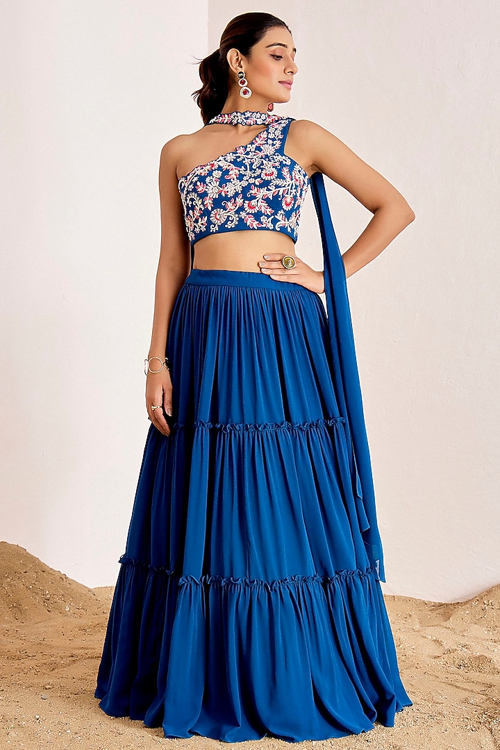Teal Blue Georgette Tiered Wedding Lehenga Set by Suruchi Parakh at Pernia's Pop Up Shop