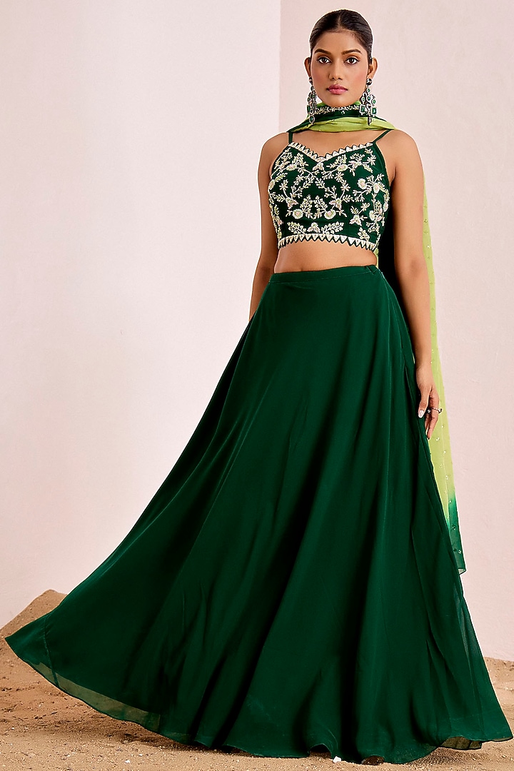 Bottle Green Georgette Tiered Wedding Lehenga Set by Suruchi Parakh at Pernia's Pop Up Shop