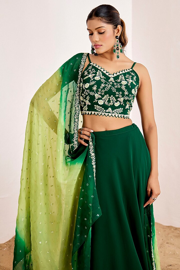 Bottle Green Georgette Tiered Wedding Lehenga Set by Suruchi Parakh at Pernia's Pop Up Shop