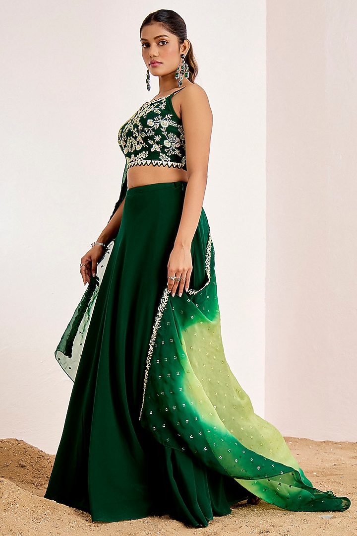 Bottle Green Georgette Tiered Wedding Lehenga Set by Suruchi Parakh at Pernia's Pop Up Shop