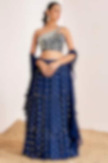 Navy Blue Georgette & Organza Sequins Embroidered Wedding Lehenga Set by Suruchi Parakh at Pernia's Pop Up Shop